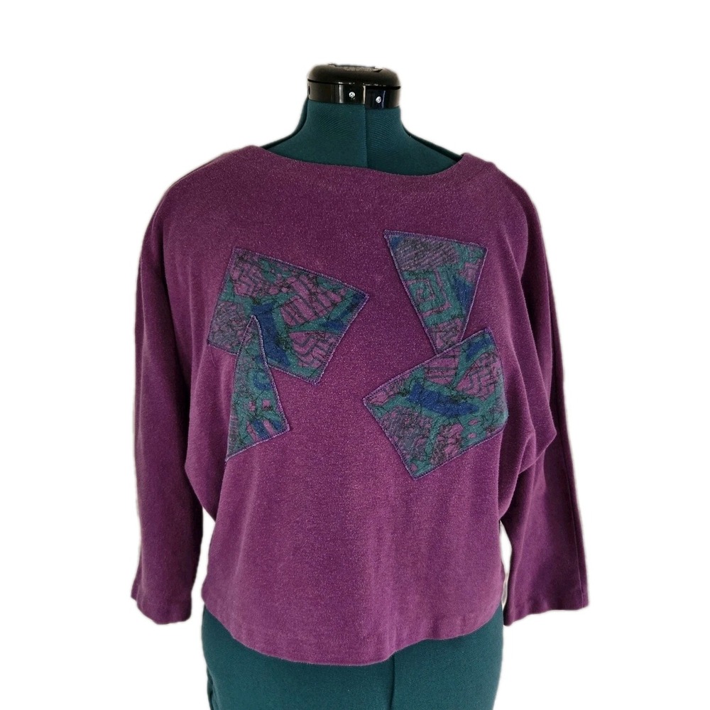 VINTAGE 80s RETRO‎ Womens Shirt M New Fashion Purple Geometric Winged Sleeve